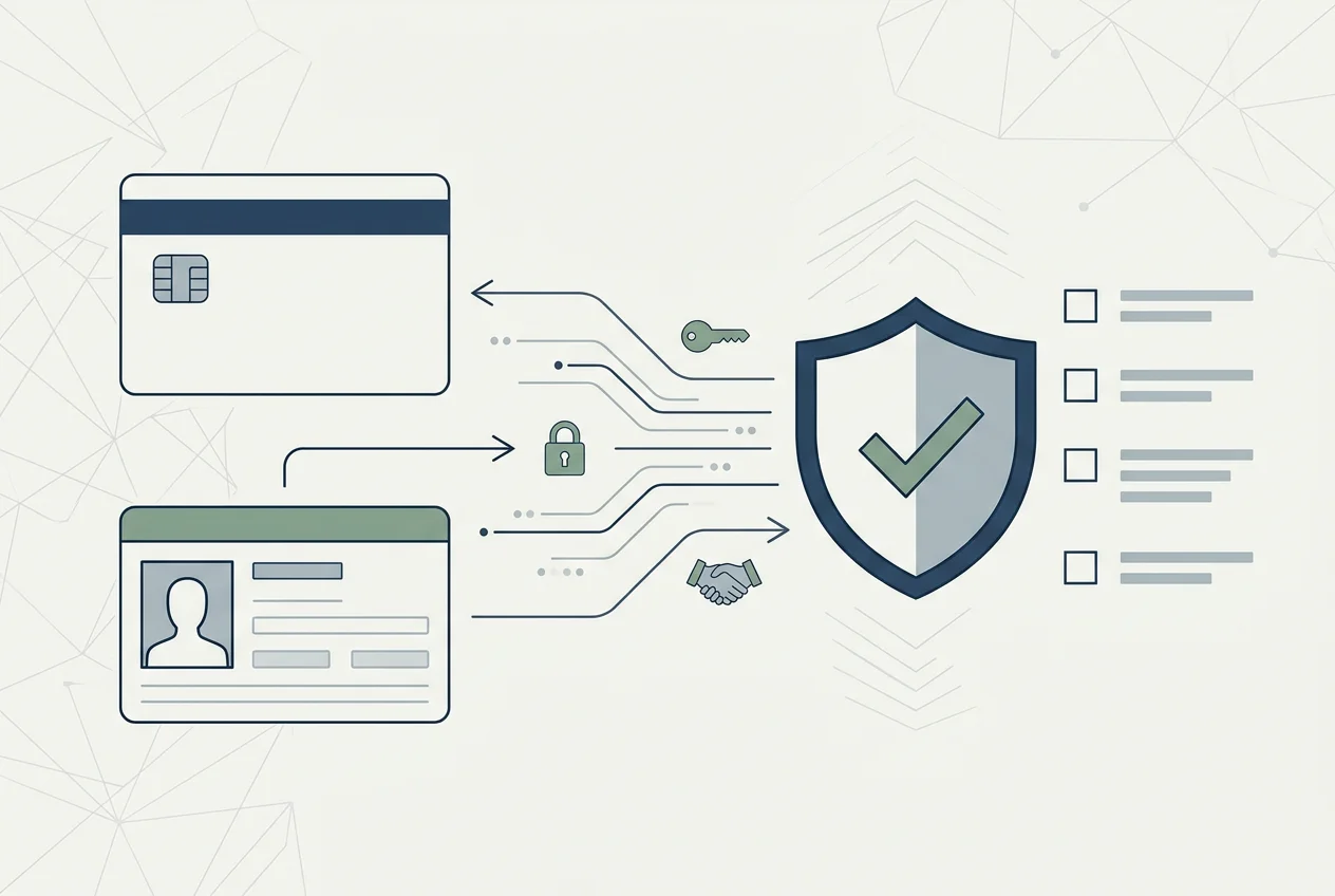 Illustrazione sobria su pagamenti, verifica identità e protezione dei dati personali